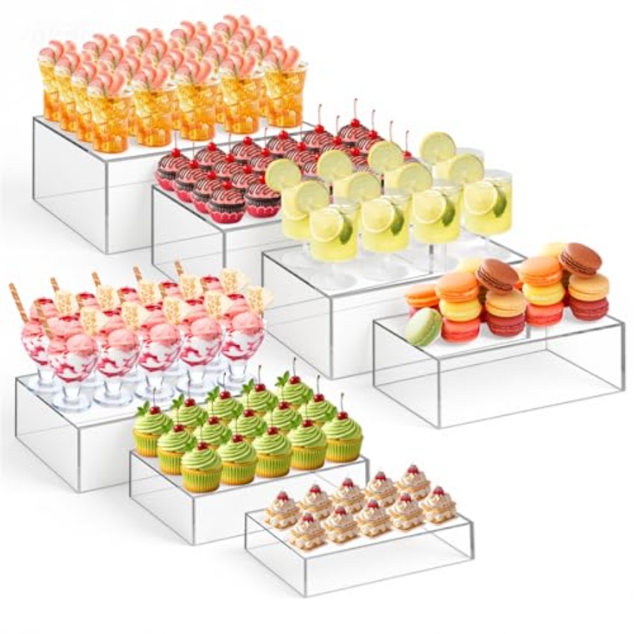 Display Risers Set - ケータリング用デザートテーブルライザーセット：アクリル製、透明、長方形、6～12段、中空底で食品を高く見せ、装飾用