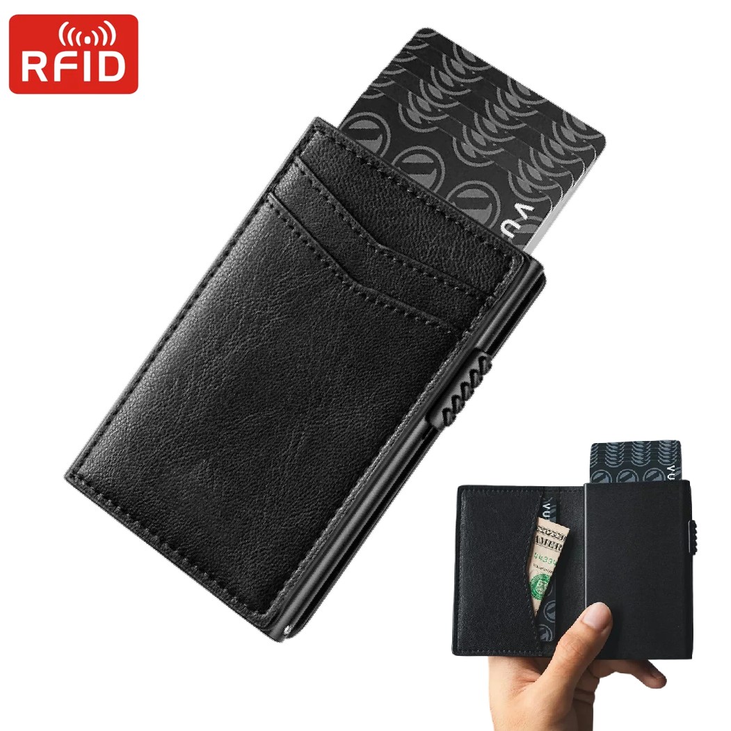 Card Top Loader - メンズミニマリストウォレット高級クレジットカードホルダー、コインパース付き、ポップアップメタルRFIDブロッキング名刺入れ、男性へのギフト